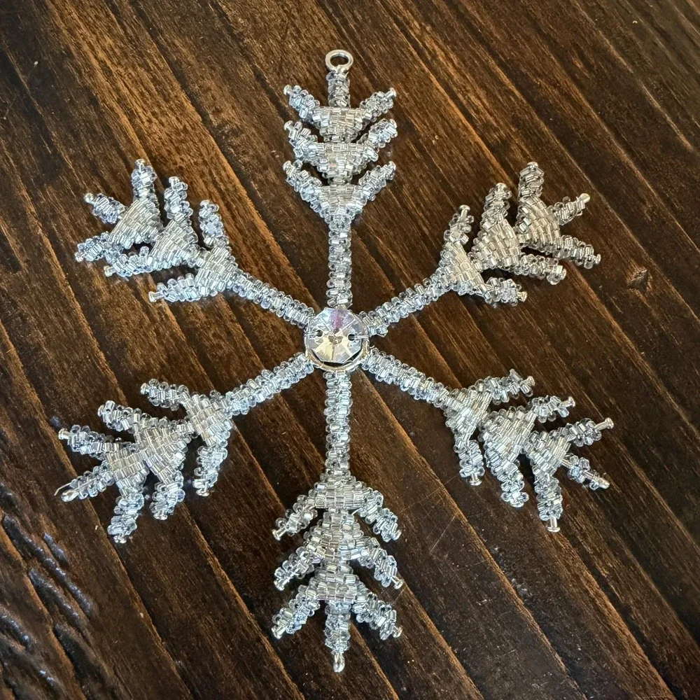 Silver Beaded Snowflake Bauble Ornament Glass Wire Rhinestone Christmas Decor